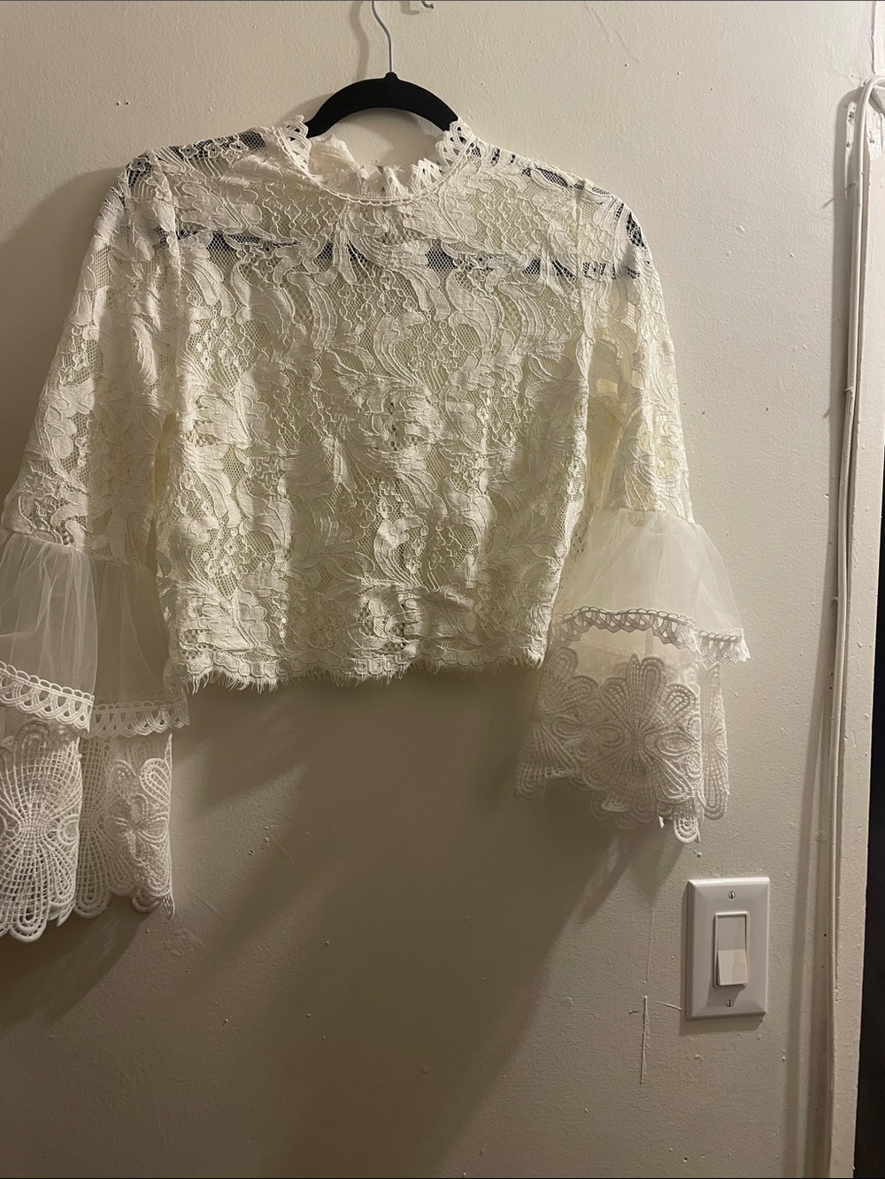 Mango Ivory Lace Cropped Top with Bell Sleeves
